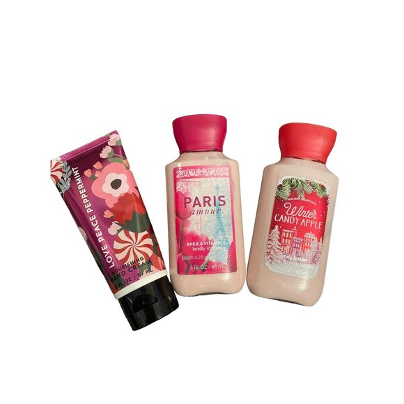 Lot of 3 Bath & Body Work Items Hand Cream Lotion Peppermint Candy Apple Paris N - Picture 1 of 1